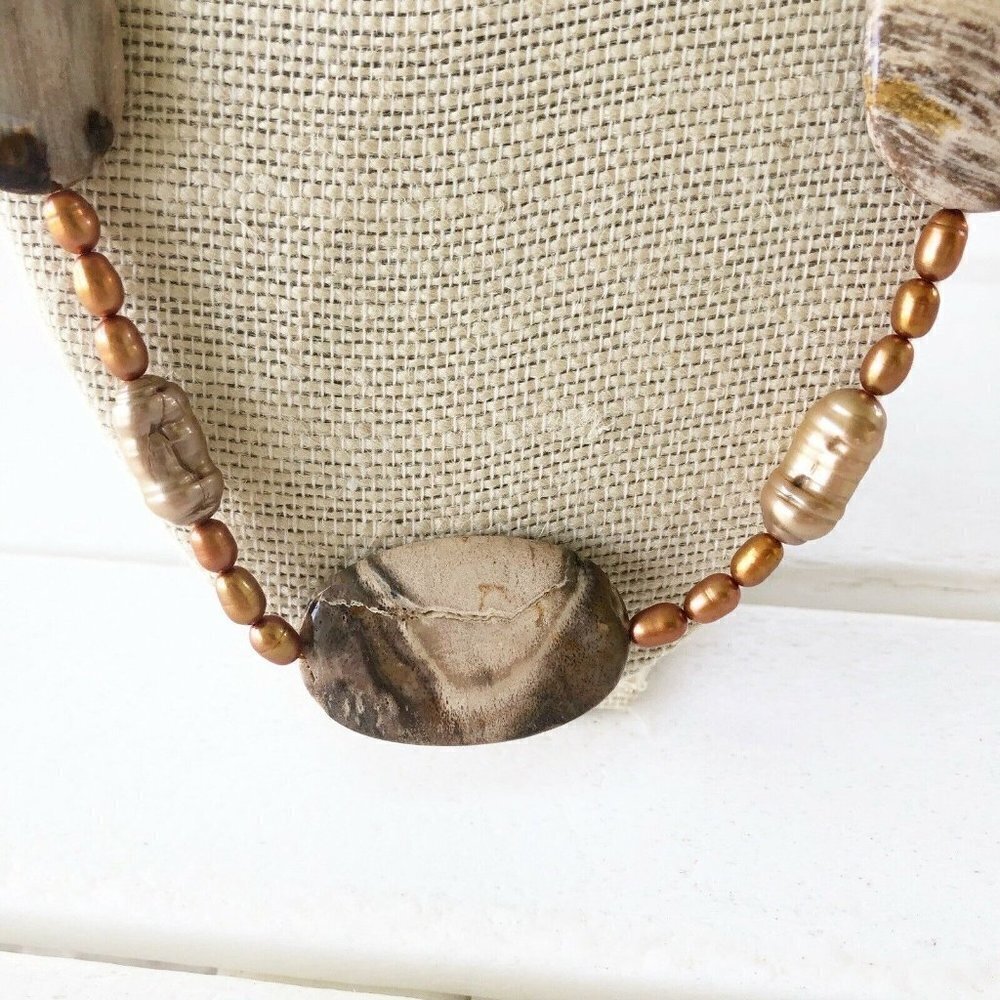 NWT Genuine Jasper & Pearls Beaded Necklace Brown Bronze - Picture 2 of 5